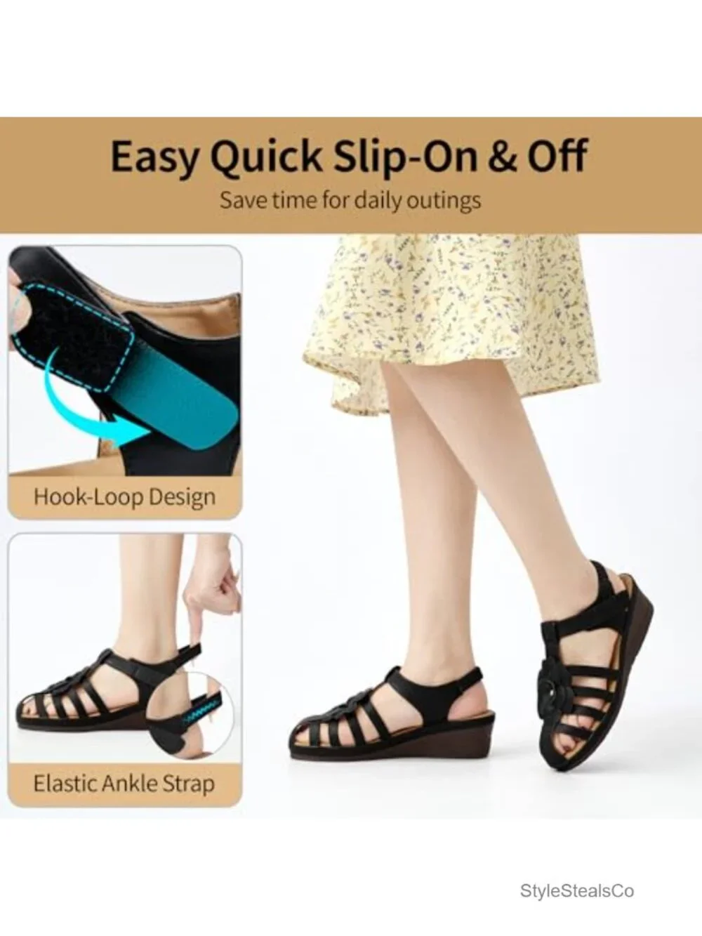 PU Leather Wedge Sandals Closed Toe Adjustable Strap Walking Fisherman Shoes